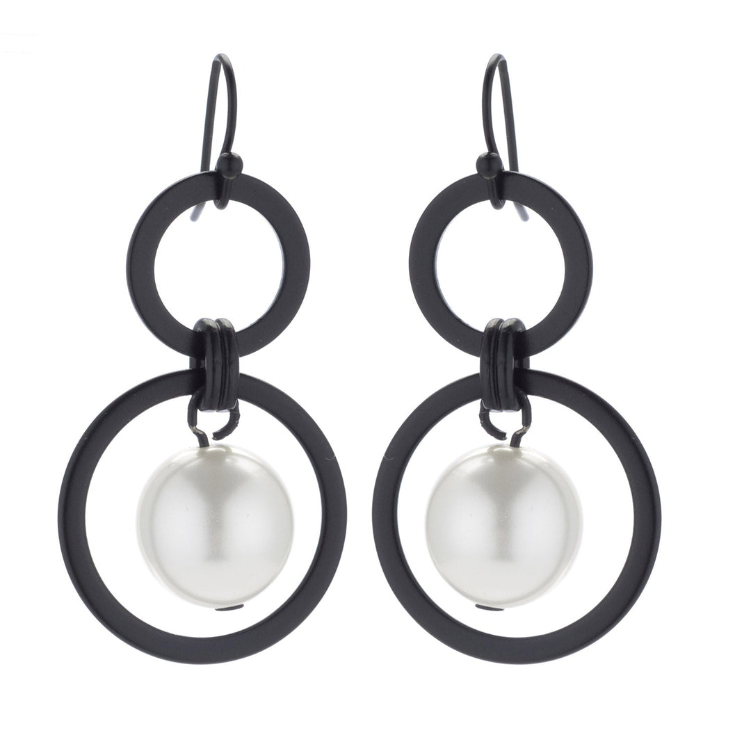 White Glass Pearl Two Loop Matte Black Earrings