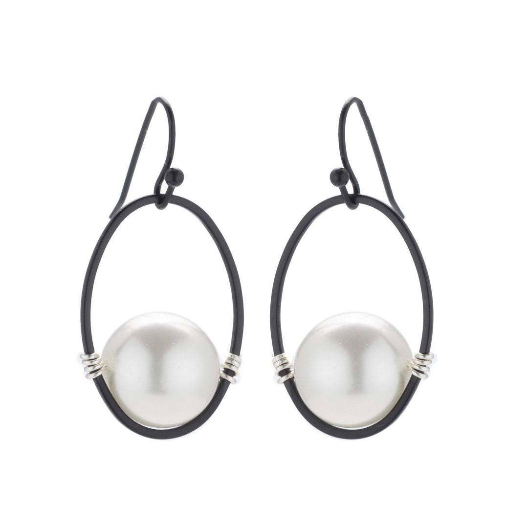 White Glass Pearl Oval Silver Wrap Matte Black Earrings