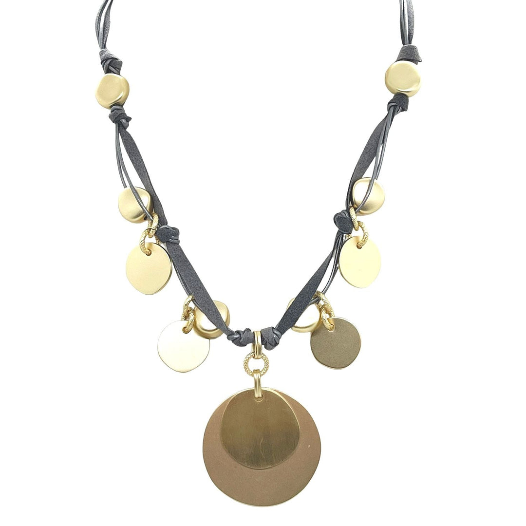 Matte Gold Coin Charm Gray Suede Necklace