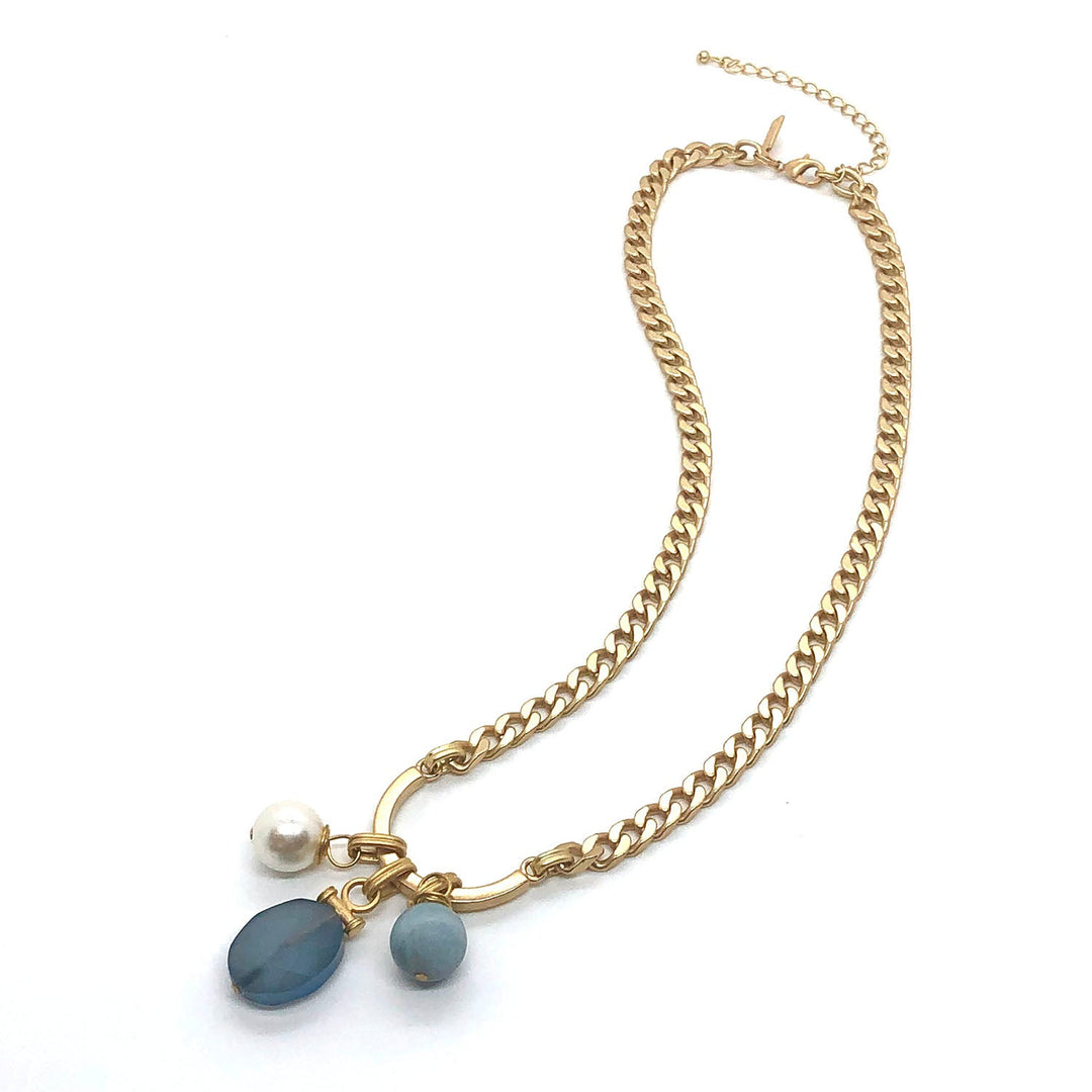 Horseshoe Bar With Matte Labradorite Crystal, Pearl And Matte Gold Curb Chain Necklace