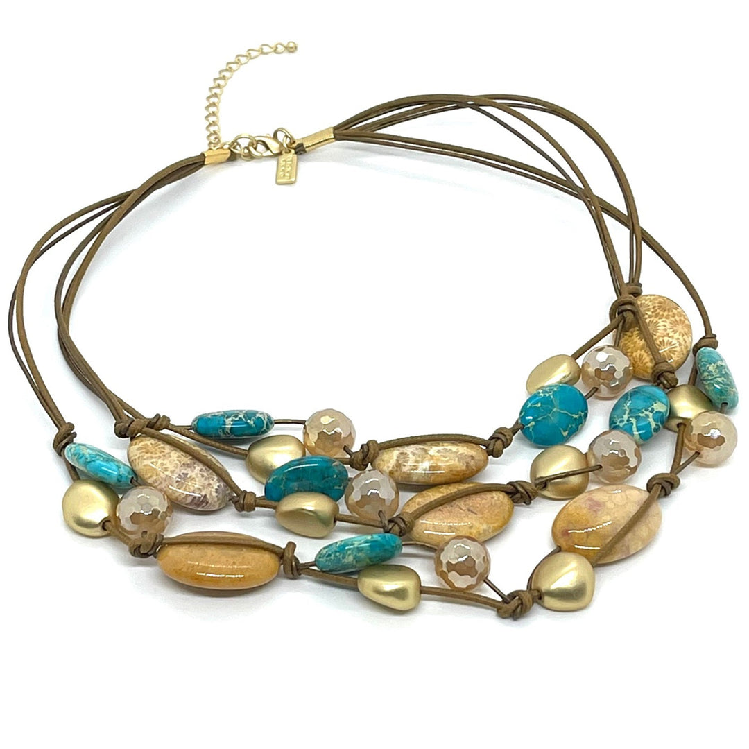 Yellow Fossil Coral and Turquoise Jasper Bronze Linen Torsade Necklace