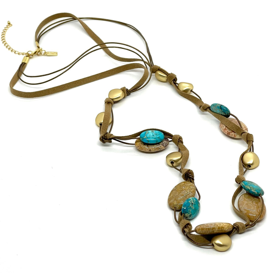 Yellow Fossil Coral With Turquoise Jasper Matte Gold Bronze Suede Long Layer Necklace