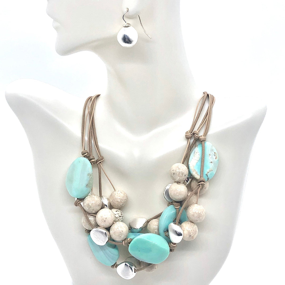 Turquoise Agate,Cream Fossil Coral With Matte Silver Nugget 3 Strand Torsade Style Putty Leather And Natural Linen Necklace