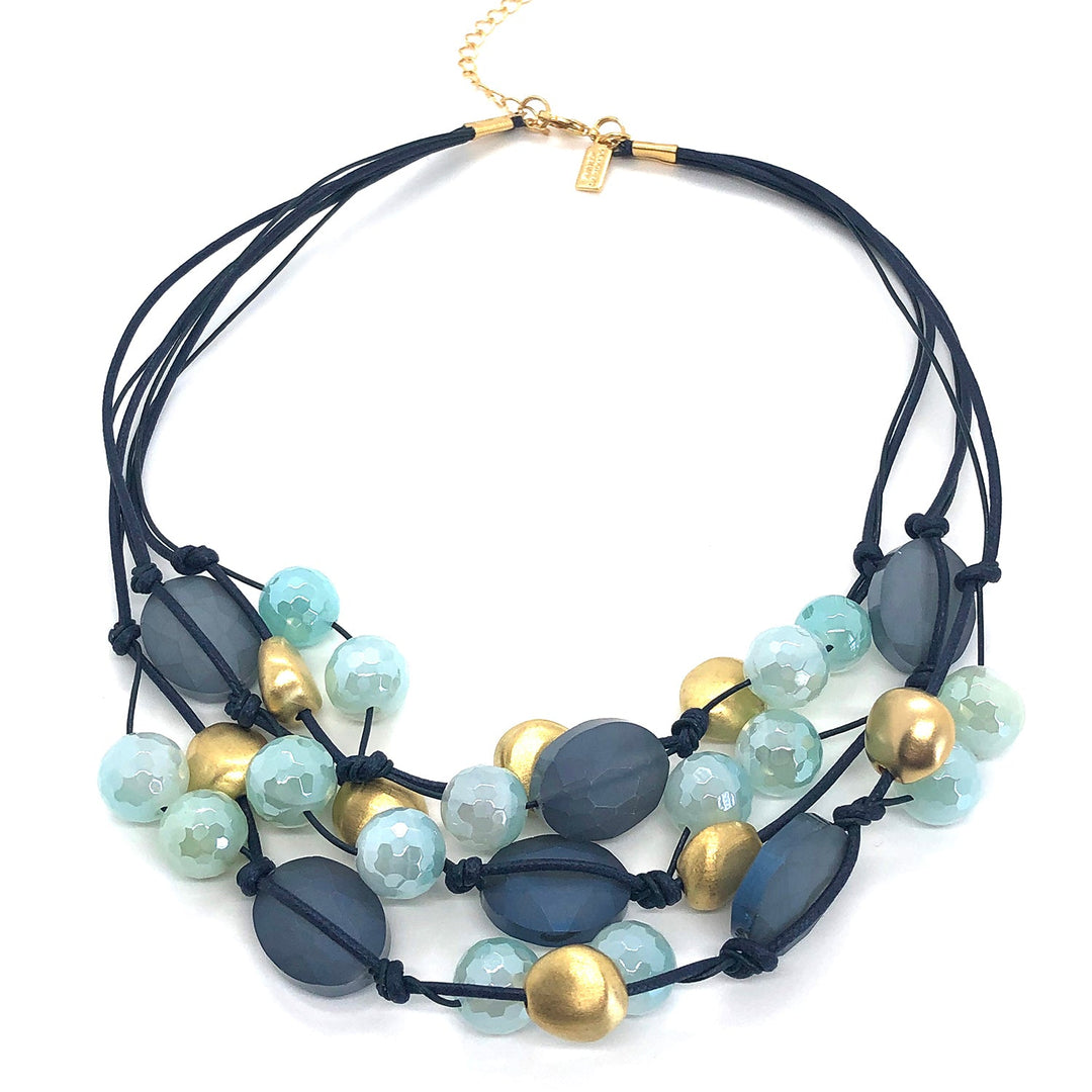 Matte Blue Crystal with Aqua Quartz on Navy Necklace