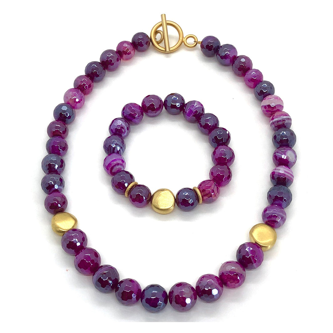 Magenta Glazed Agate Matte Gold Flat Bead Necklace And Matte Gold Flat Bead Stretch Bracelet