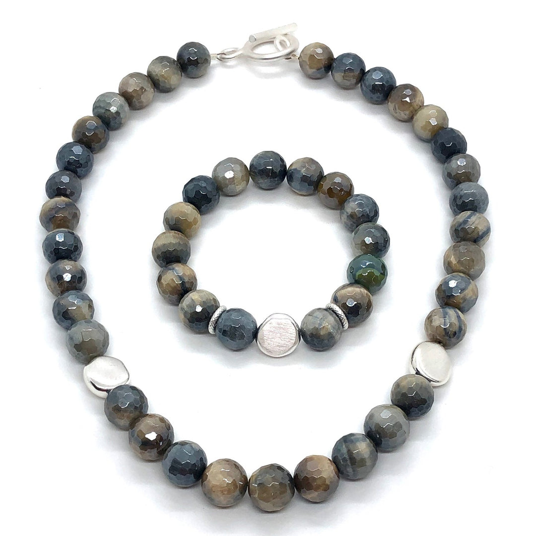 Labradorite Blue And Cream Glazed Agate Bead Necklace And Stretch Bracelet