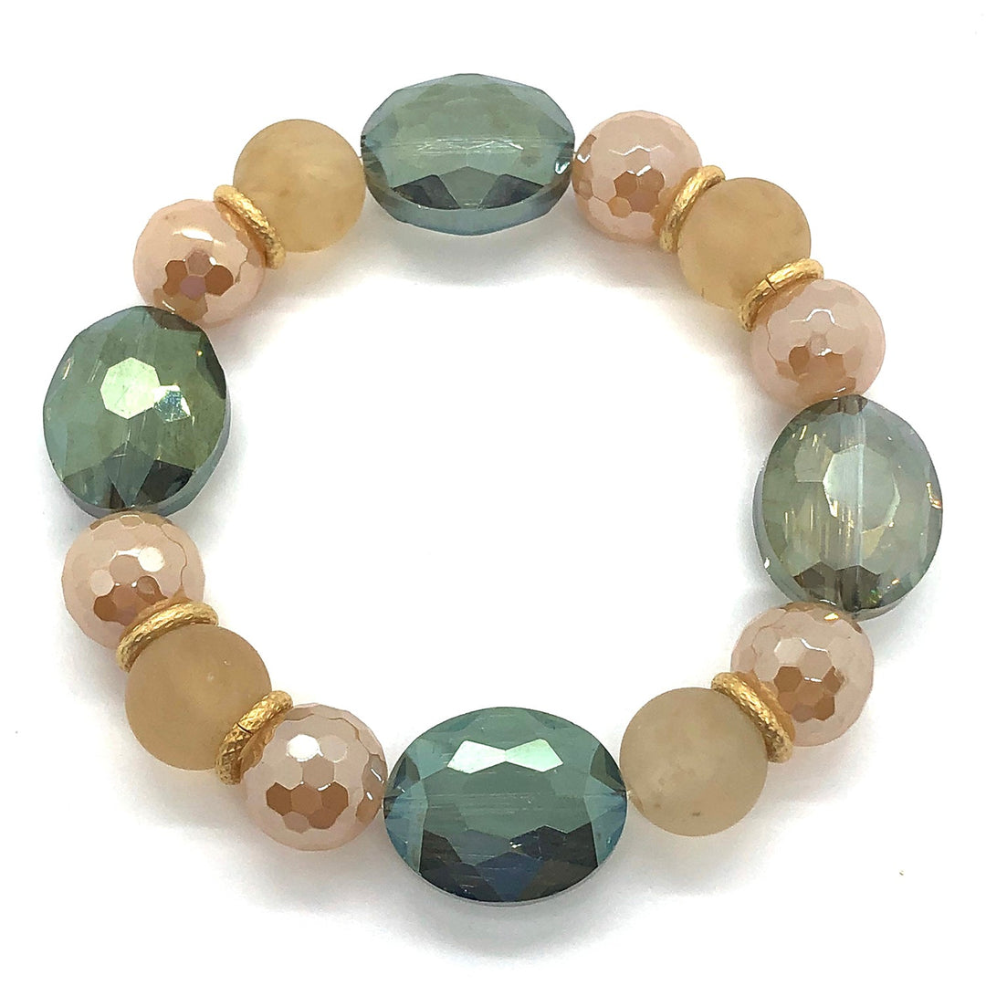 Olive Oval Crystal,Champagne And Matte Yellow And Champagne Glazed Agate Gold Roundel Stretch Bracelet