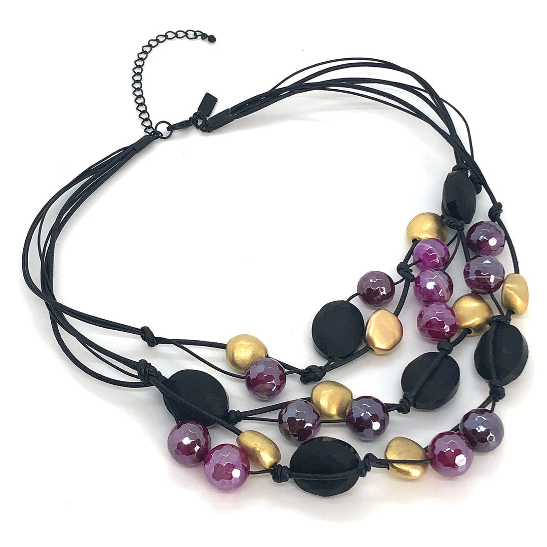 Magenta Glazed Agate, Matte Black Crystal With Matte Gold Bead Necklace