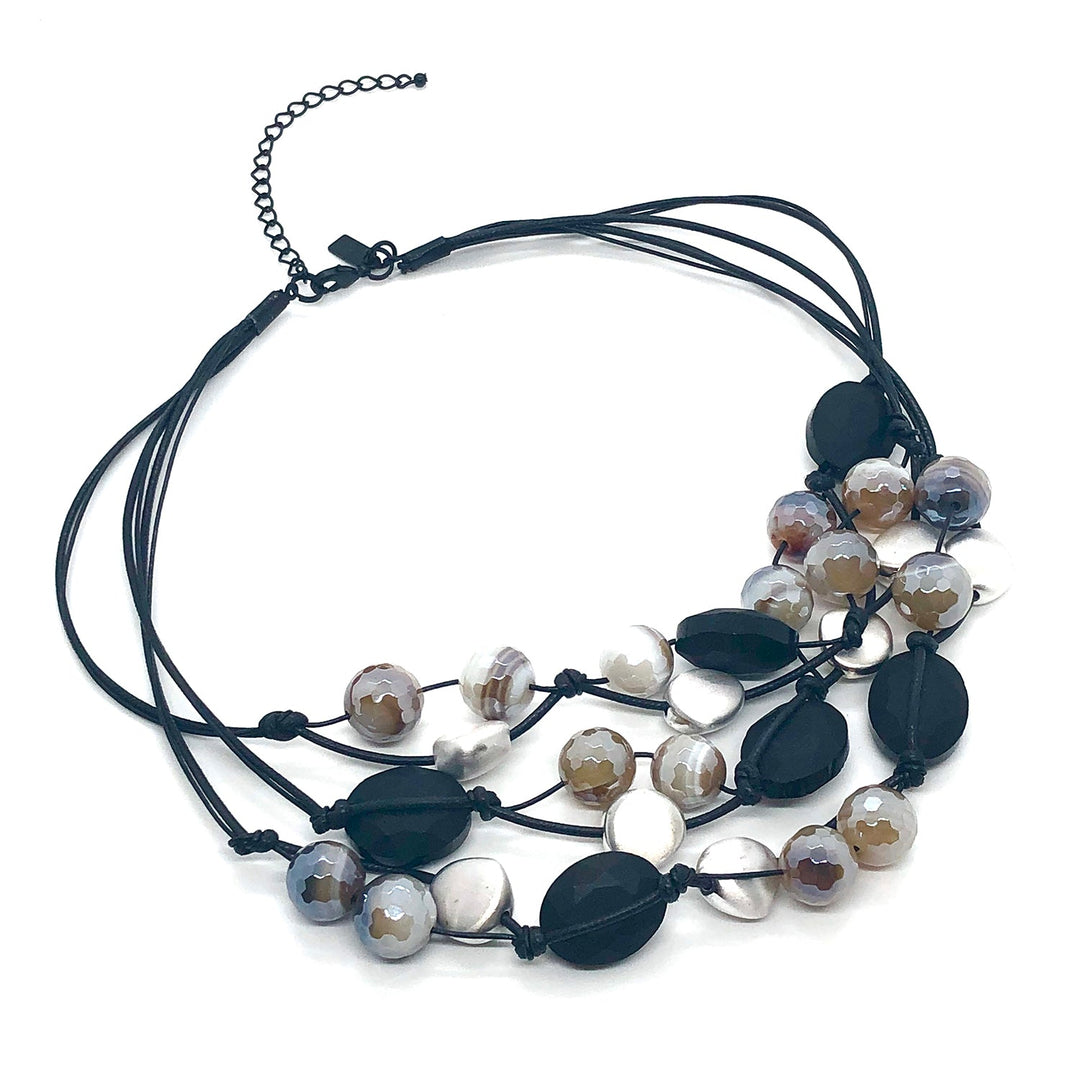 Mocha Glazed Agate With Black Crystal Matte Silver Necklace