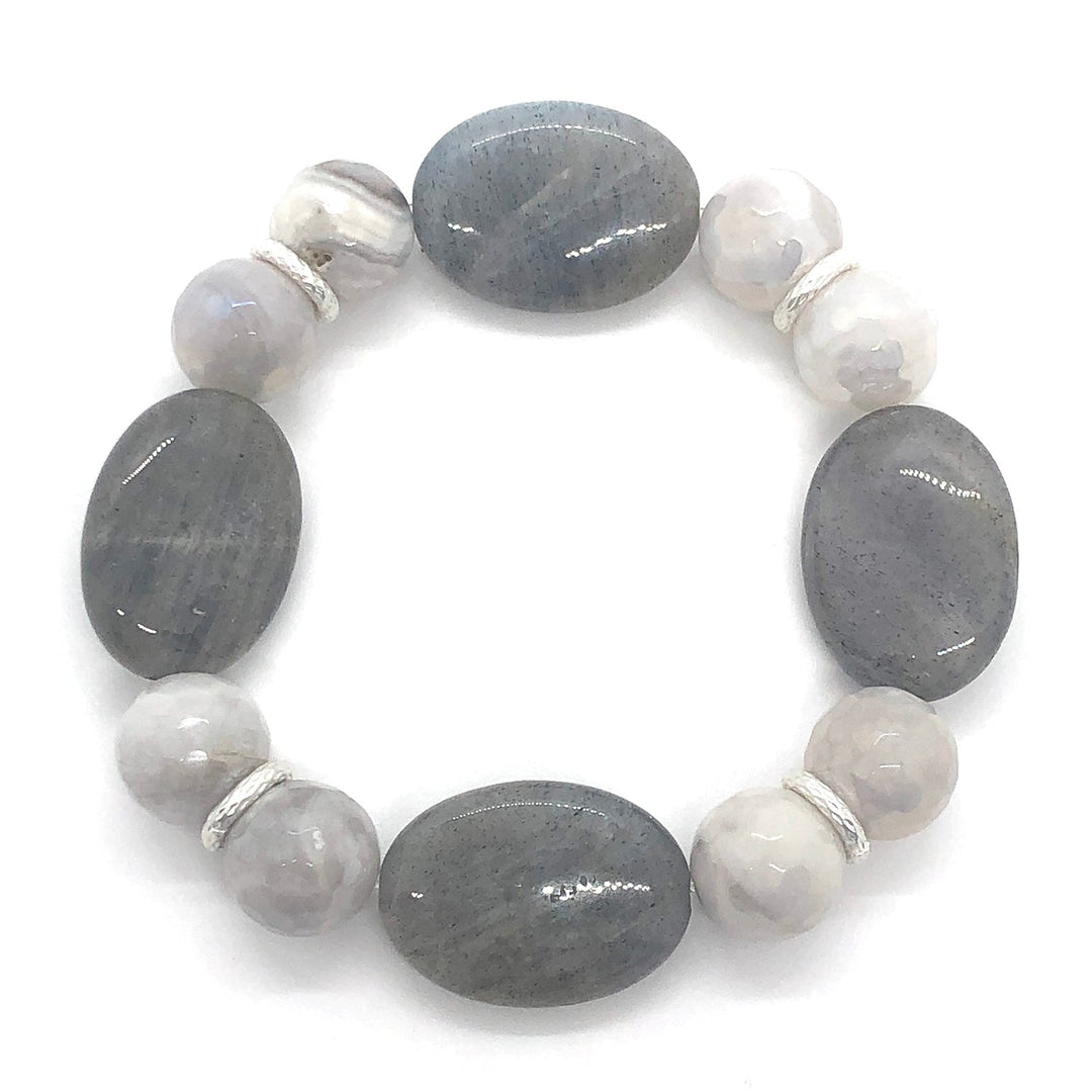 Oval Natural Labradorite And Gray Snowflake Glazed Agate With Matte Stretch