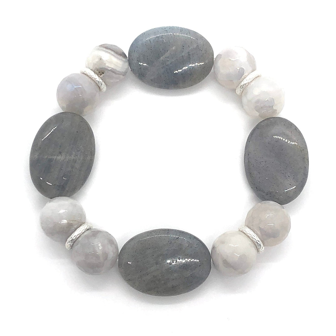 Oval Natural Labradorite And Gray Snowflake Glazed Agate With Matte Stretch