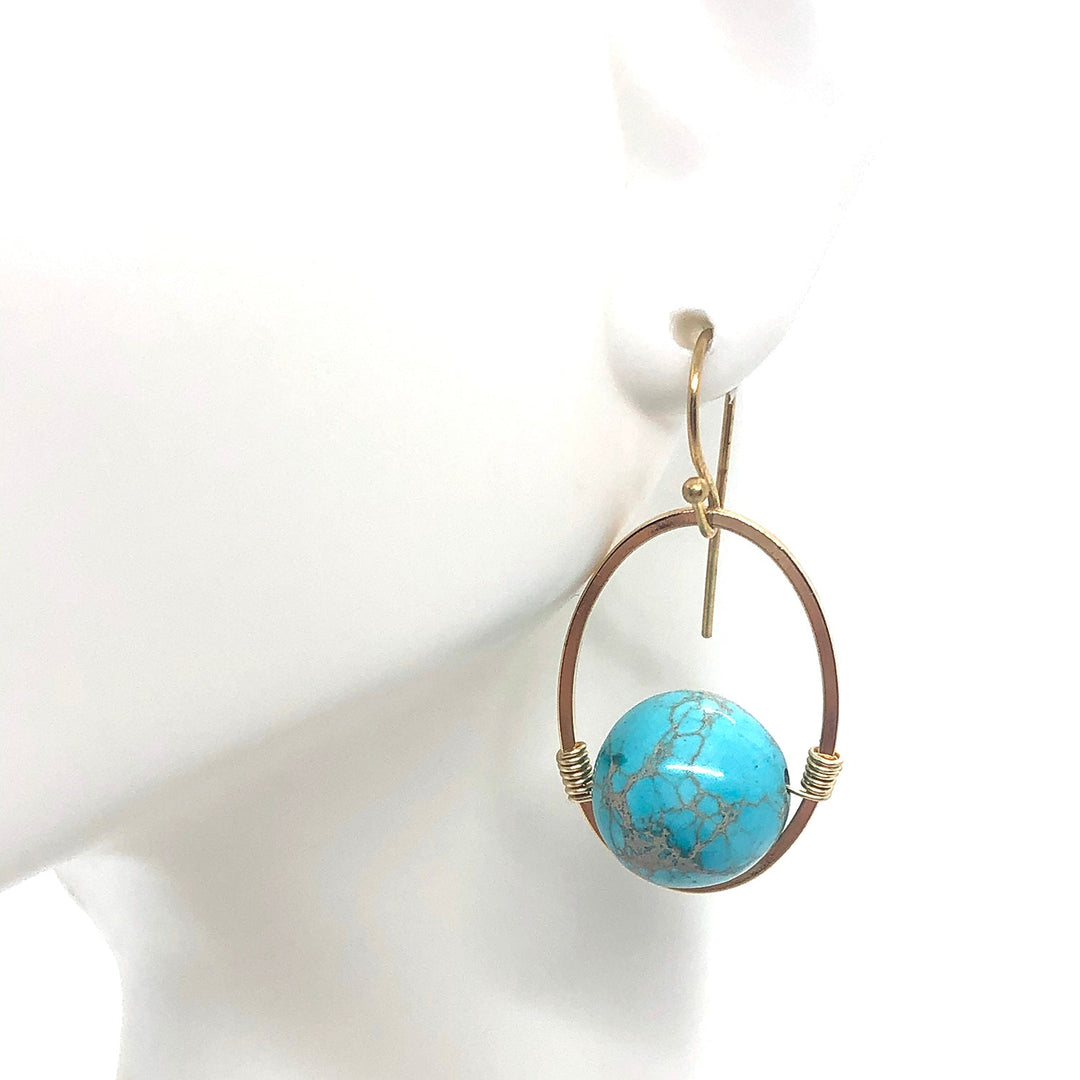 Turquoise Aqua Terra Jasper Gold Oval Gold Wire Wrap Earring