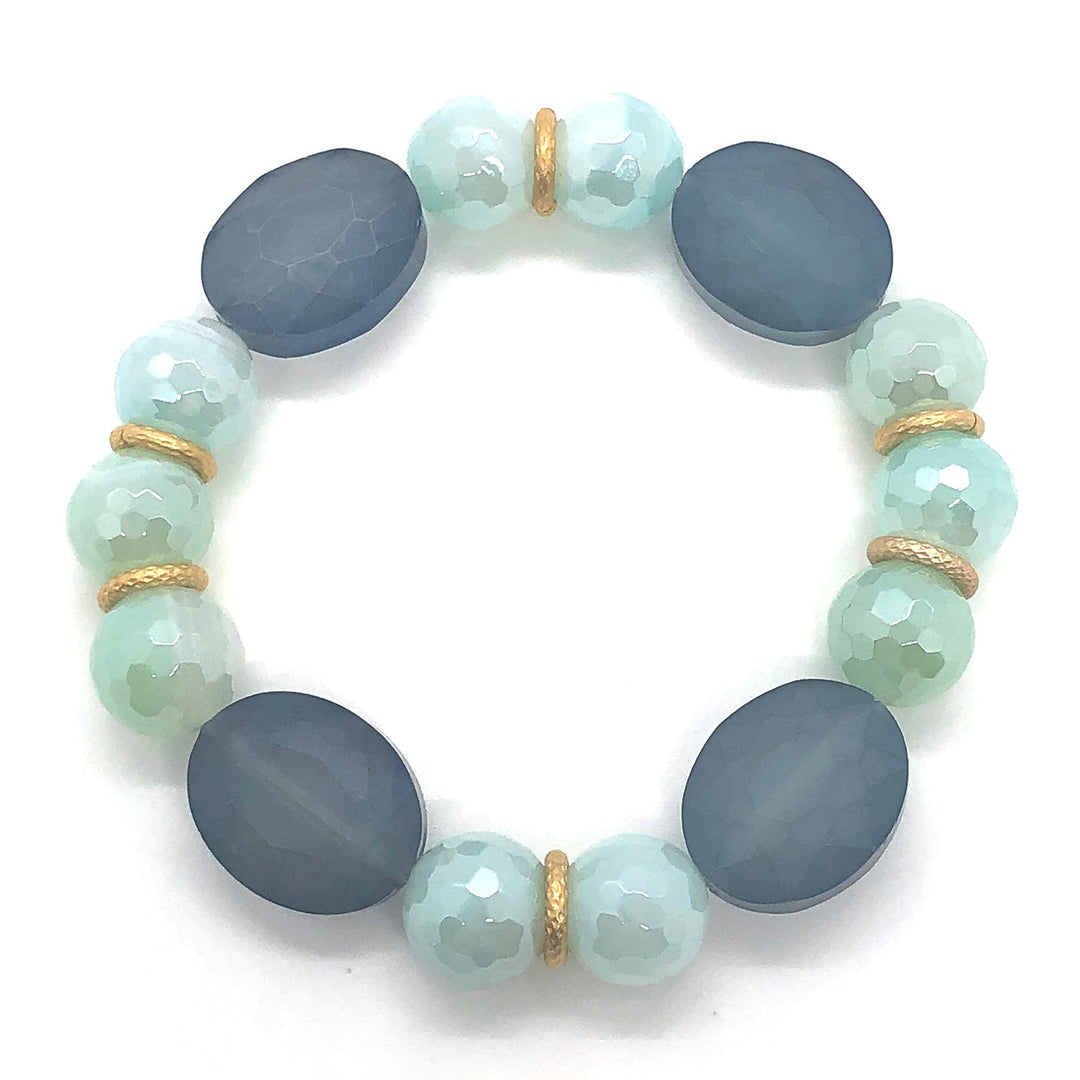 Matte Blue Crystal And Glazed Agate Stretch Bracelet