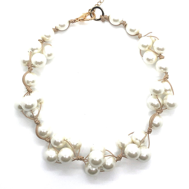 Glass Pearl Woven Putty Leather Necklace