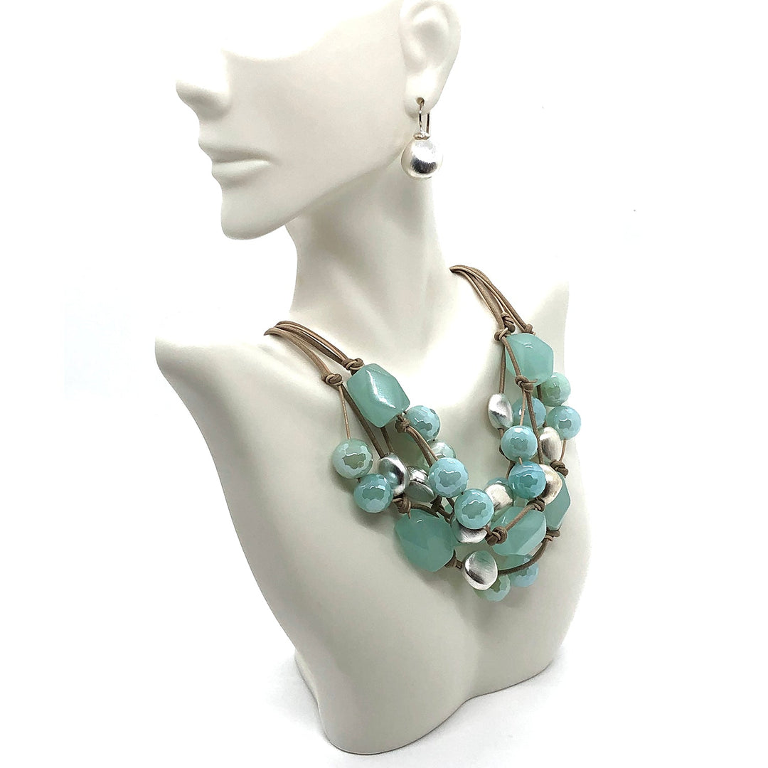 Aqua Quartz,Glazed Aqua Agate Matte Silver Bead Putty Leather And Natural Linen 3 Strand Torsade Necklace