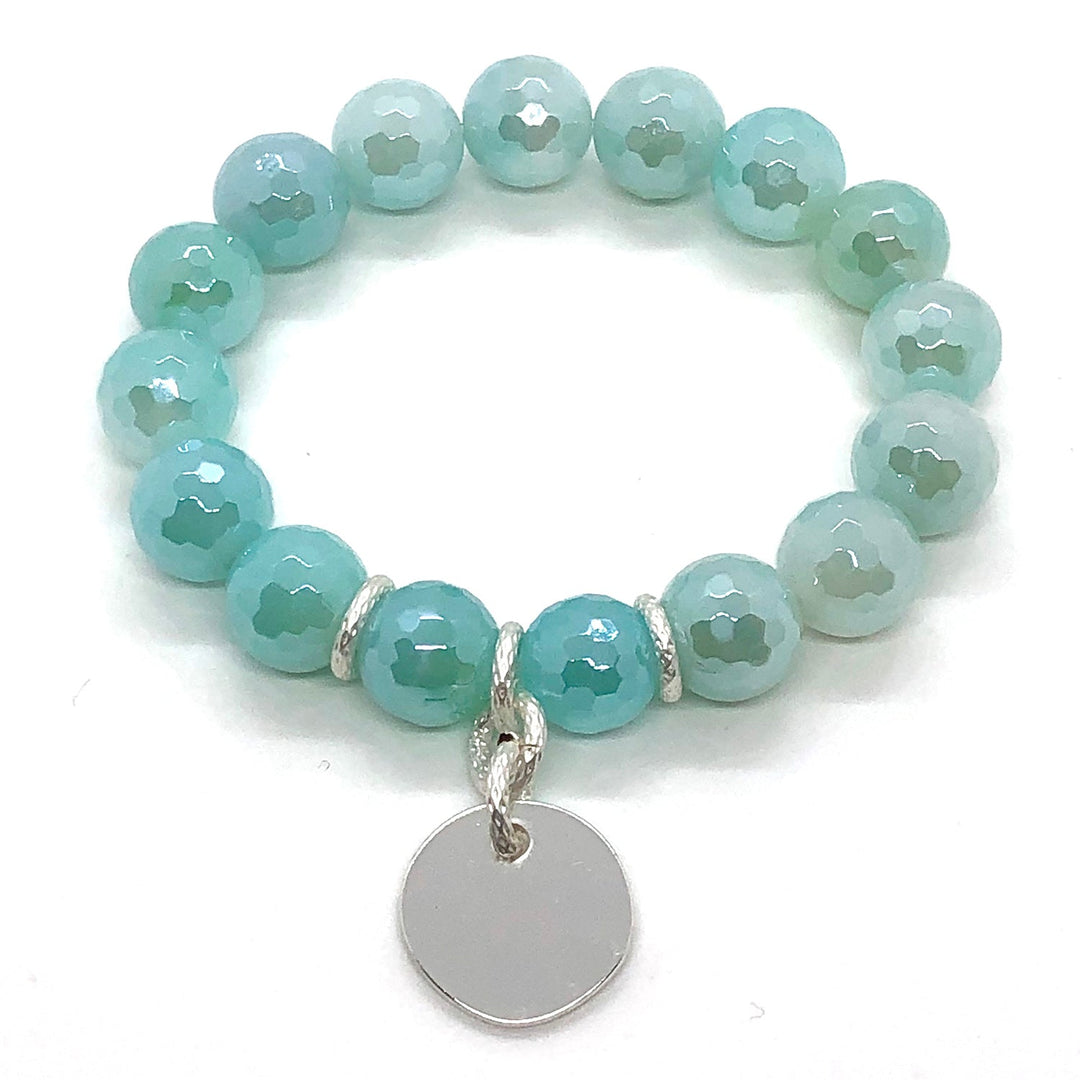 Aqua Glazed Agate Stretch Bracelet With Charm