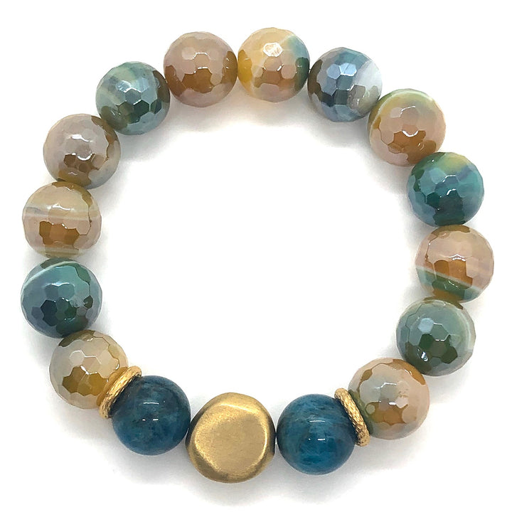 Teal Glazed Agate Matte Flat Gold Bead Stretch Bracelet