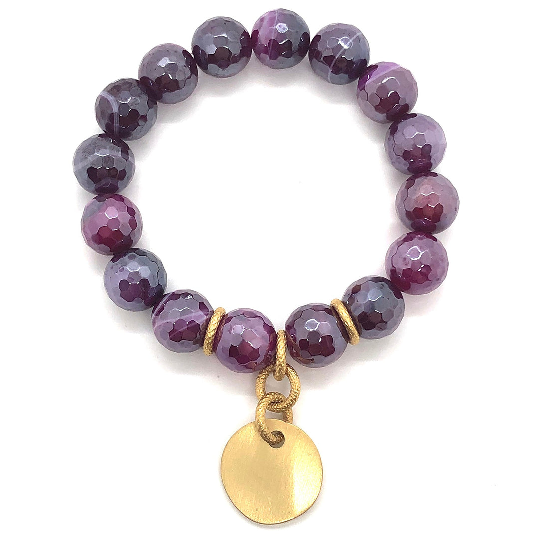 Magenta Glazed Agate Matte Gold Charm Stretch Bracelet