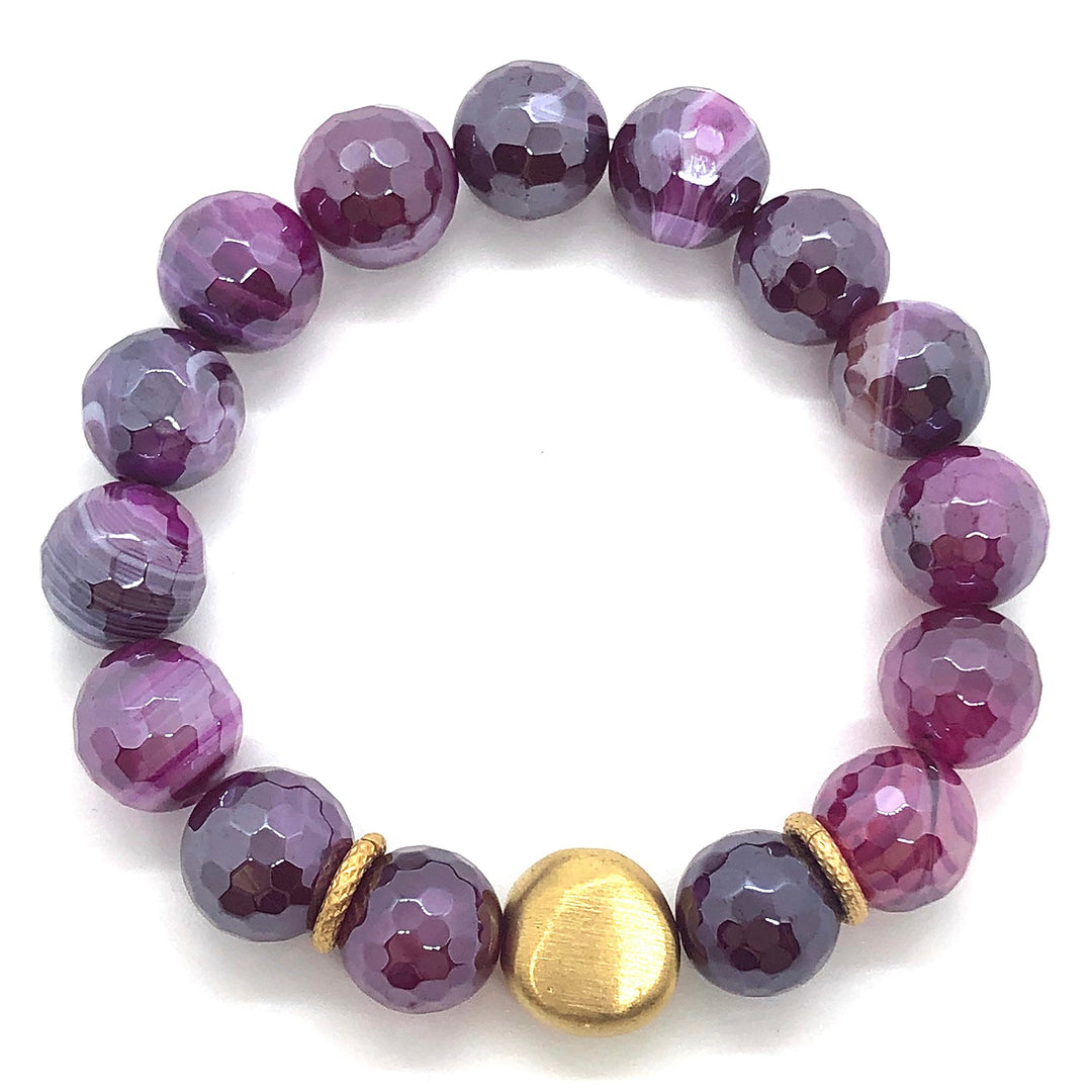 Magenta Glazed Agate Matte Gold Nugget Stretch Bracelet