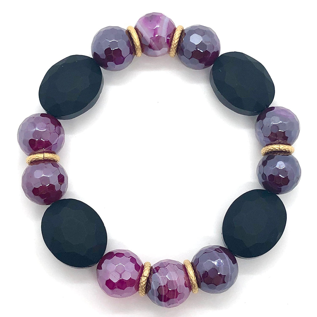 Magenta Agate,Matte Black Oval Crystal And With Matte Gold  Roundels Stretch Bracelet