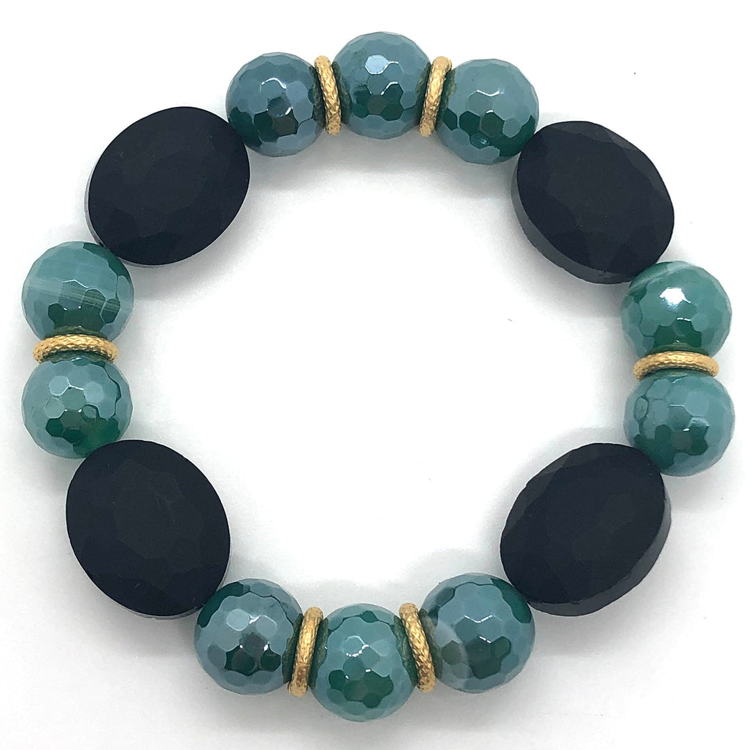 Green Agate And Matte Black Crystal Stretch Bracelet