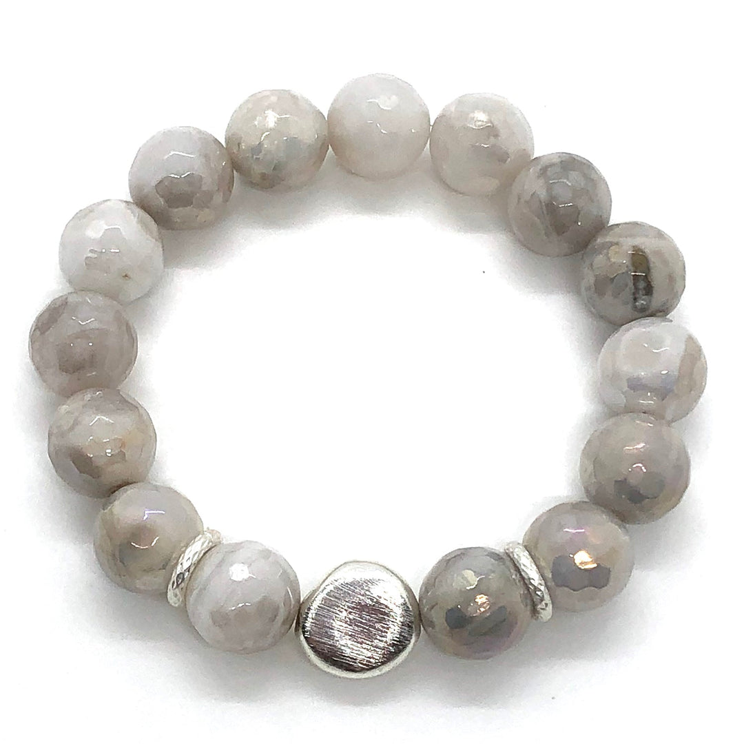 Gray Snowflake Glazed Agate With Matte Silver Bead Stretch