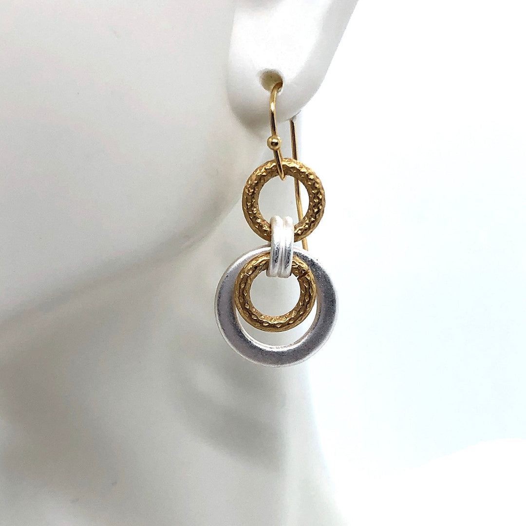 Matte Gold And Silver Chiseled Link Two Tone Earring