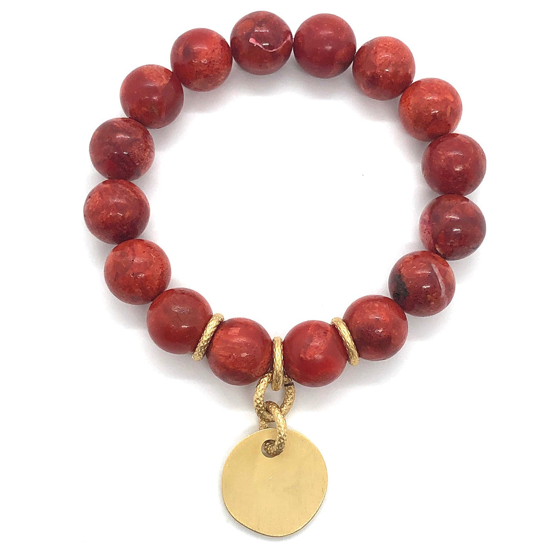 Red Sponge Coral Matte Gold Charm Stretch Bracelet