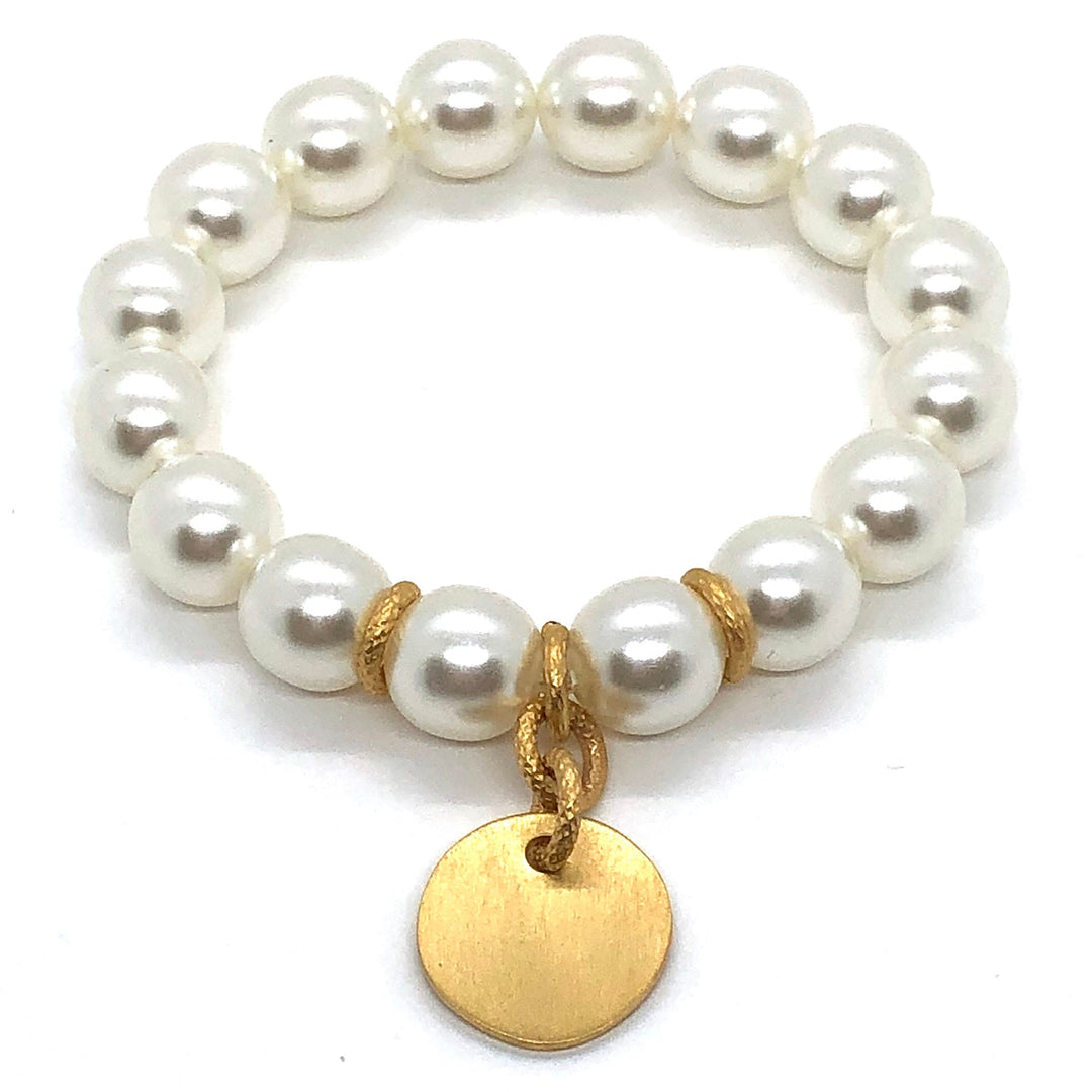 White Glass Pearl Matte Gold Charm Stretch Bracelet