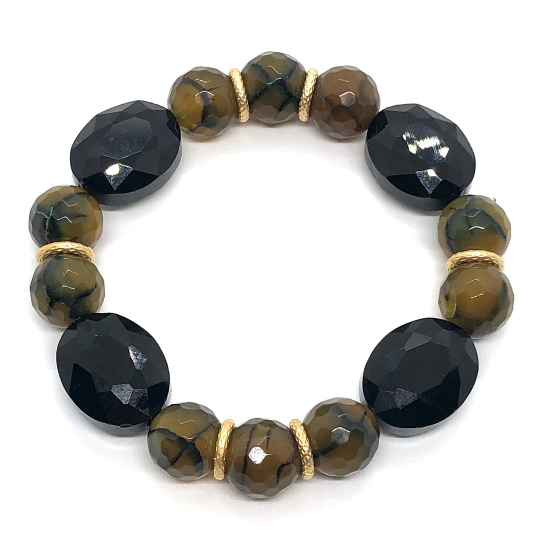 Olive Fire Agate Black Oval Crystal And With Matte Gold Roundels Stretch Bracelet