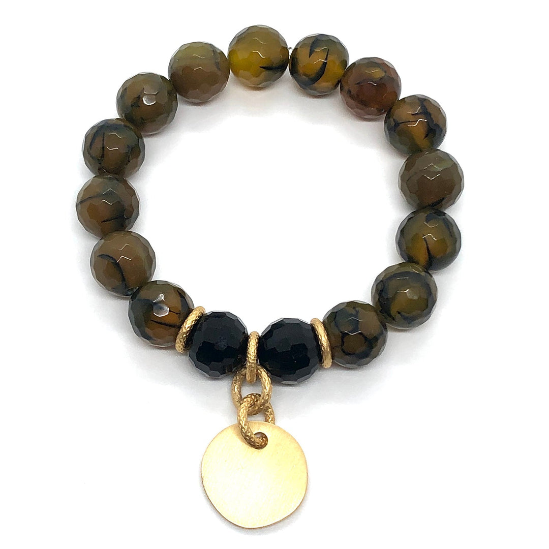 Olive Fire Agate Matte Gold Charm Stretch Bracelet