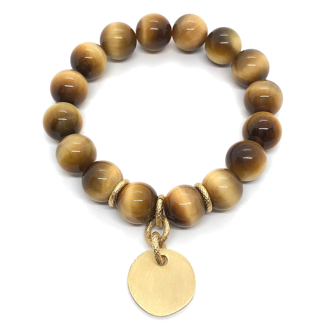 Yellow Tiger Eye Matte Gold Charm Stretch Bracelet