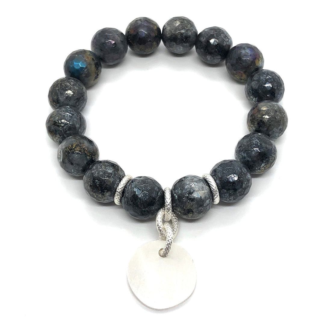 Larvikite Matte Silver Charm Stretch Bracelet