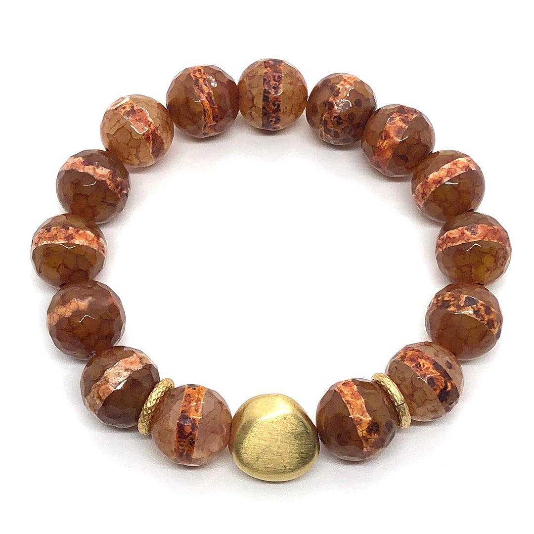 Orange Strip Agate Matte Gold Nugget Stretch Bracelet