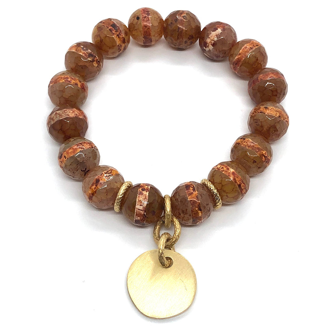 Orange Strip Agate Matte Gold Charm Stretch Bracelet