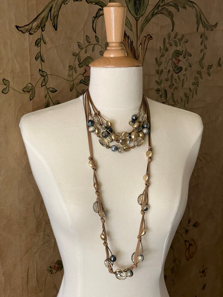 Blue Cream Tigers Eye and Champagne Crystal Long Necklace on Bronze Leather and Suede