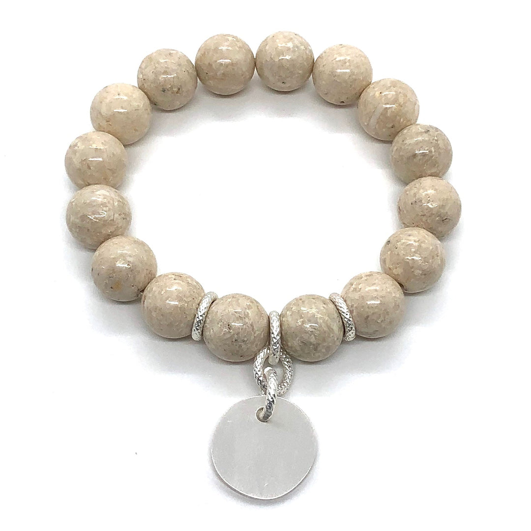 Cream Fossil Coral Stretch Bracelet With Charm