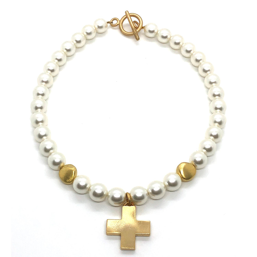 White Glass Pearl Matte Gold Cross Necklace