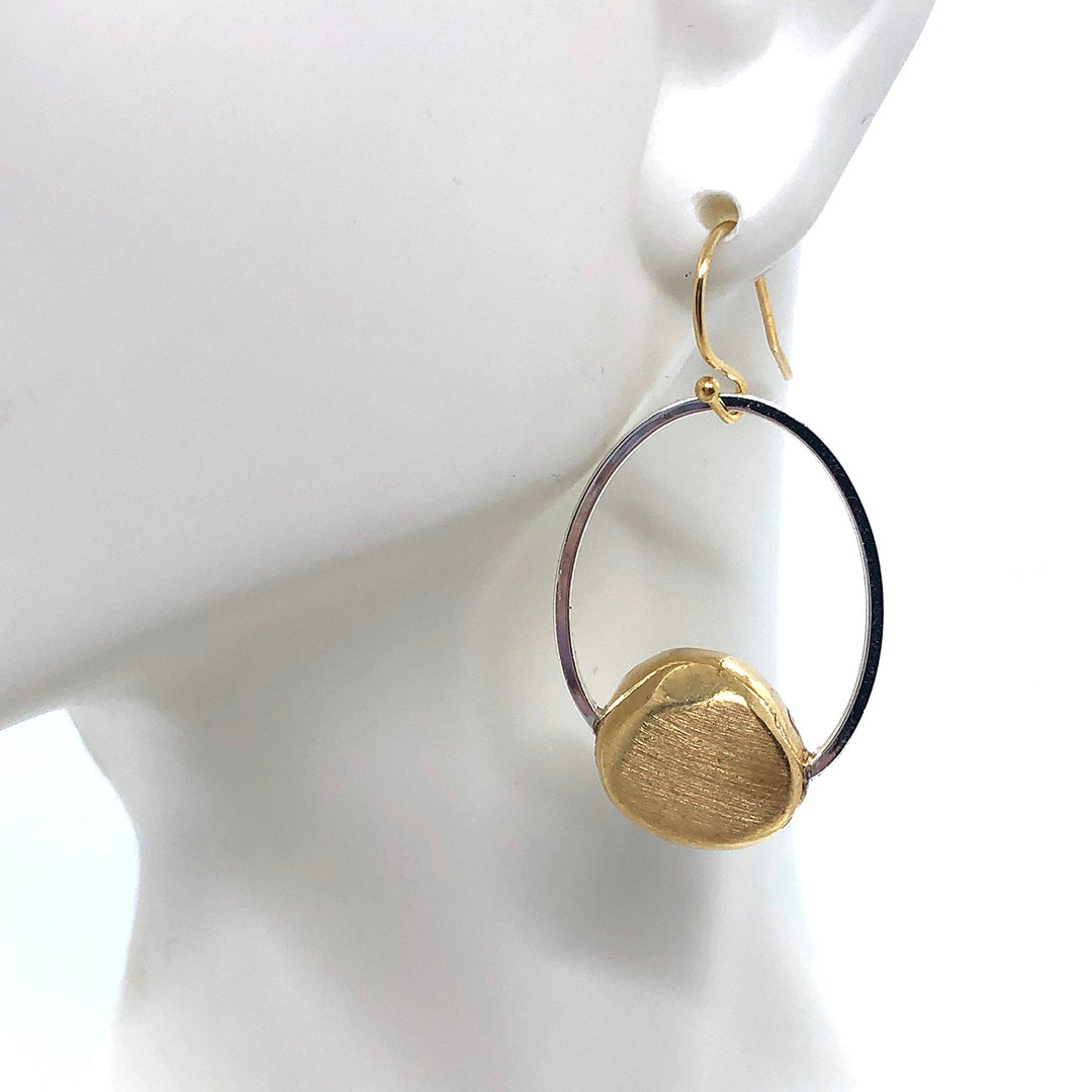 Matte Silver And Matte Gold Flat Pebble Inset Oval Earring