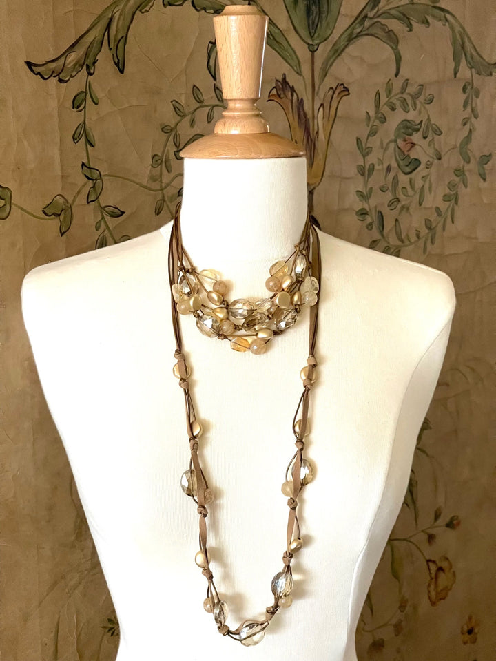 Citrine and Champagne Quartz Bronze Leather and Linen Torsade Necklace