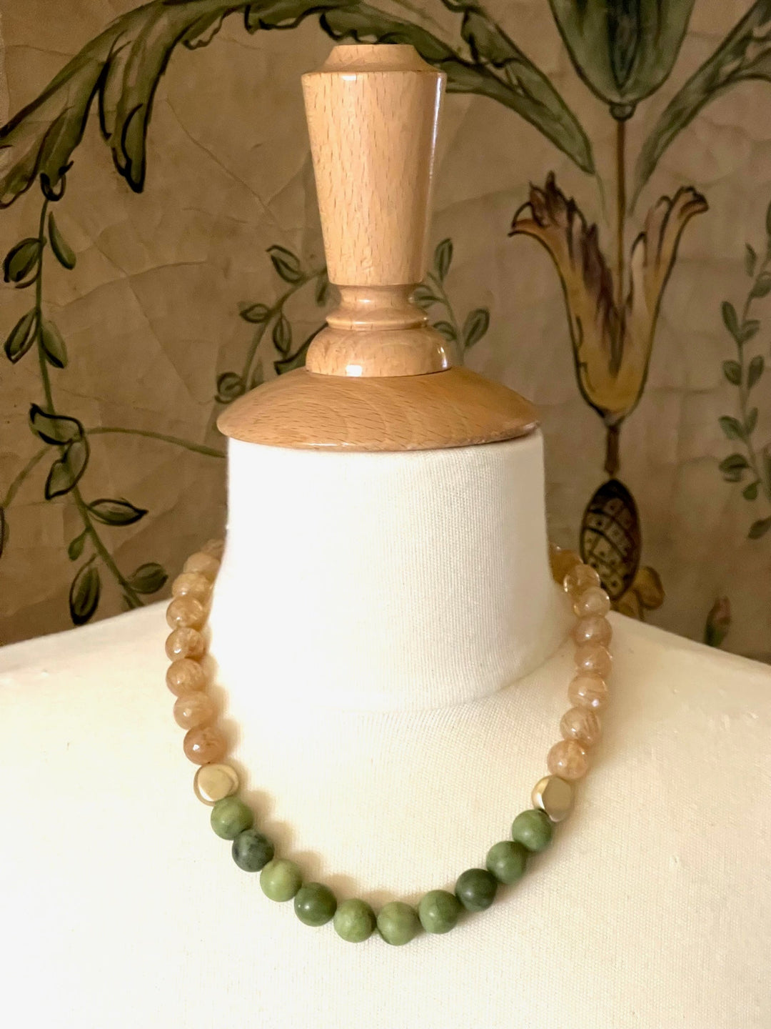 Citrine Quartz And Matte Olive African Jade Necklace With Matte Gold Bead Accents