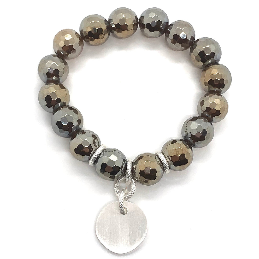 Smoke Topaz Glazed Agate Matte Silver Charm Stretch Bracelet