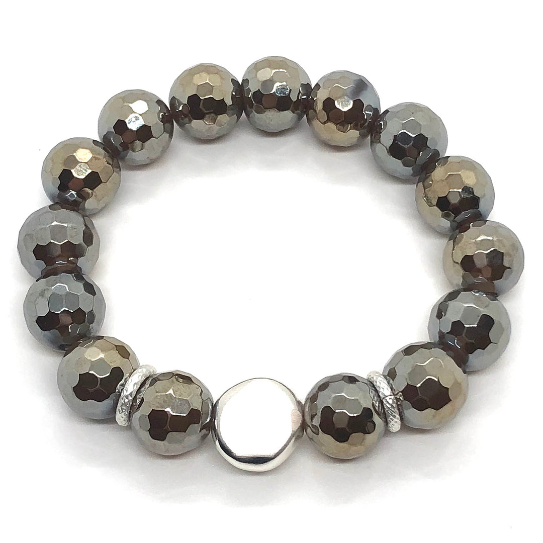 Smoke Topaz Glazed Agate Matte Silver Nugget Stretch Bracelet