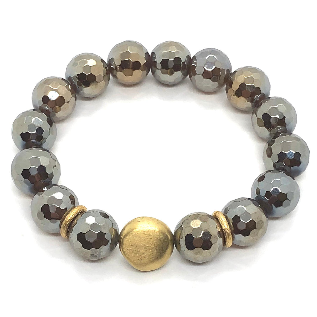 Smoke Topaz Glazed Agate Matte Gold Nugget Stretch Bracelet