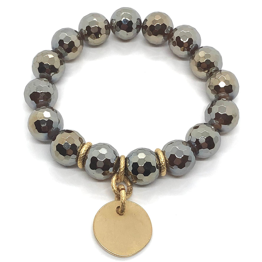 Smoke Topaz Glazed Agate Matte Gold Charm Stretch Bracelet