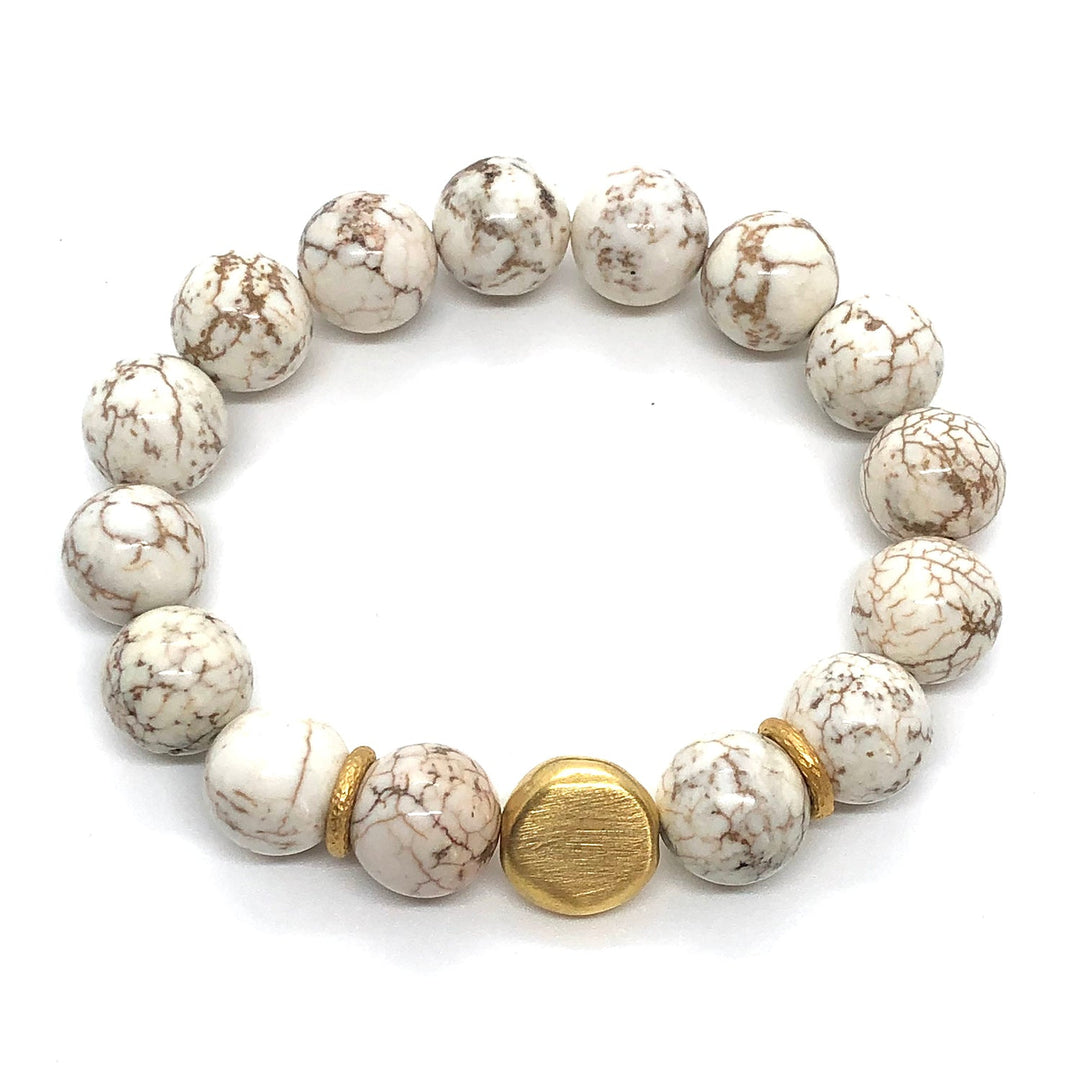 White Magnesite Matte Gold Nugget Stretch Bracelet