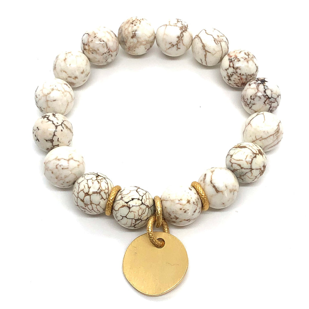 White Magnesite Matte Gold Charm Stretch Bracelet