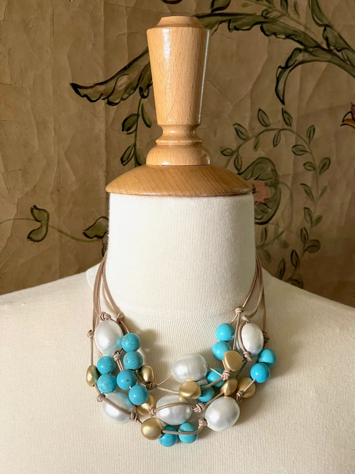 Turquoise Howlite and Cotton Pearl Torsade Necklace