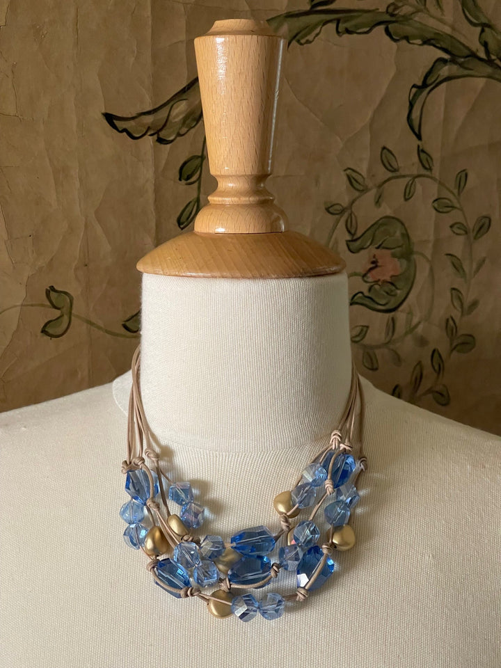 Mixed Blue Crystal and Matte Gold Nugget Torsade