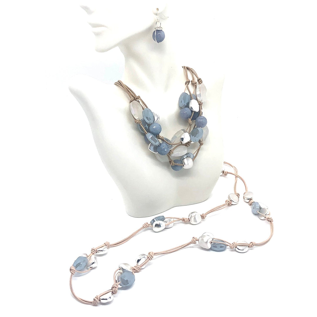 Matte White Crystal, Blue Jade And Blue Velvet Crystal With Matte Silver Nugget 3 Strand Torsade Style Natural Linen And Putty Leather Necklace.